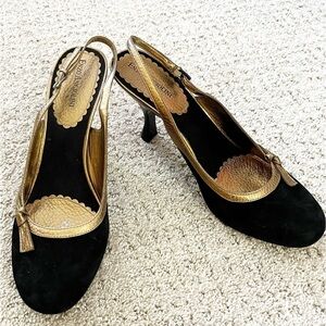 Enzo Angiolini Black Suede Leather Slingback Heels Sz 9.5 Pump Gold Metallic Bow